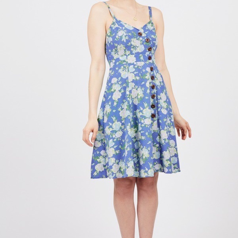 Modcloth Women's Sz. L Blue Grid & Floral Buttons Adjustable Tank Smocked Dress.